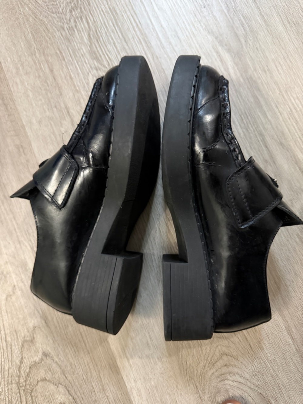 Prada Black Leather Penny Loafers with Metal Triangle Logo - Picture 3 of 16